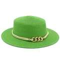 Detail of apple green boater hat with straw texture and golden chain accessory - Emerald Green