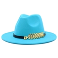 Detail of teal fedora hat with black band and a golden leaf metal buckle decoration - Sky Blue