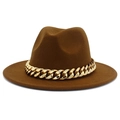 Close-up of deep brown wool fedora hat featuring a stylish gold chain decoration detail - One Size / Coffee