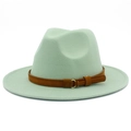 Detail of mint green fedora hat with brown suede band and golden buckle accent - One Size / Mint Green
