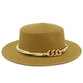 Detailed close-up of brown woven boater hat featuring beige rope and gold chain link accents - Brown