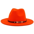 Detail of orange fedora wool hat featuring a black leather band and gold metal buckle - Orange Red