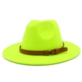 Detail of neon yellow wool fedora hat featuring a brown leather belt with gold buckle - One Size / Neon Yellow