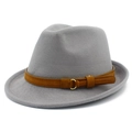 Detail of grey wool fedora hat featuring a brown faux suede band with gold metal buckle - Gray