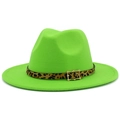 Detail of neon green fedora hat featuring leopard print belt and golden buckle - One Size / Fluorescent Green