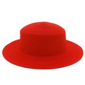 Detail of red straw boater hat showing fine spiral weaving and wide brim texture - One Size / Red