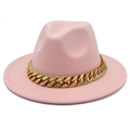 Stylish pink wide brim fedora hat with a bold gold chain band on a white background - One Size / Pink