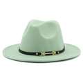 Mint green wide brim wool fedora hat with black leather band and gold metal buckle - Mint Green