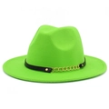 Detail of neon green fedora hat featuring black leather band and gold metal chain link - Fluorescent Green