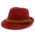 Classic burgundy wool fedora hat with brown leather belt and golden metal buckle for winter - Burgundy
