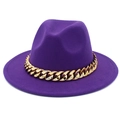 Classic dark purple wool fedora hat with a bold gold chain band for men and women - One Size / Purple