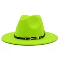Detail of neon green wool felt fedora with black leather band and gold metal buckle - Neon Yellow