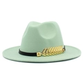 Detail of mint green wool felt fedora featuring black leather band and gold leaf buckle - Mint Green