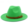 Detailed close-up of bright green wool fedora hat with brown suede band and gold metal buckle - One Size / Grass Green