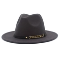 Detail of dark grey fedora hat with black leather band and gold metal chain link decoration - Dark Gray