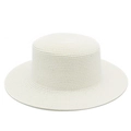 Detailed close-up of a white woven straw boater hat with fine texture and flat crown - One Size / White
