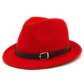 Sombrero fedora clásico de fieltro de lana rojo con banda de cuero negro y hebilla de metal - Talla única / Rojo