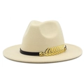 Close-up of beige fedora hat with black leather band and golden wheat-shaped metal buckle - Beige