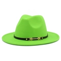 Detail of neon green fedora hat featuring a black leather band and gold metal buckle - Fluorescent Green