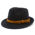 Detail of black wool fedora hat featuring a tan faux leather belt with golden metal ring - Black