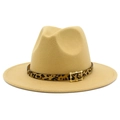 Detail of khaki felt fedora hat featuring a leopard print band and golden metal buckle - One Size / Camel