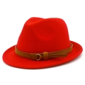 Classic red wool fedora hat with brown belt and golden buckle for autumn and winter wear - Red