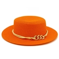 Detailed close-up of orange straw boater hat with stylish gold chain and cord trim - Orange