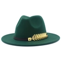 Detail of dark green fedora hat featuring a black leather band and golden leaf metal buckle - Dark Green
