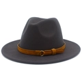 Detailed close-up of dark grey wool fedora hat with brown leather belt and gold metal buckle - One Size / Dark Gray