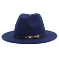 Detailed close-up of blue wool fedora hat with elegant black band and gold buckle - Dark Blue