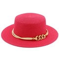 Close-up of deep pink boater hat with beige twisted rope and golden chain buckle decoration - Rose Red