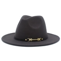 Detail of grey wool fedora hat featuring a black leather band and gold metal buckle - Dark Gray