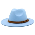 Detail of sky blue wool fedora hat with brown suede belt and golden round metal buckle - One Size / Light Blue
