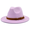 Classic lavender wide brim wool fedora hat with brown leather belt and gold metal buckle - One Size / Light Purple
