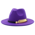 Detail of purple wool fedora hat featuring a black band and gold leaf metal buckle - Purple
