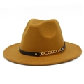 Close-up of camel wool fedora hat featuring a black leather band and gold metal chain - Brown