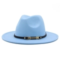 Detail of light blue wool fedora featuring a black leather band and gold metal buckle - Light Blue