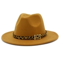 Classic camel felt jazz hat featuring a leopard print band and golden metal buckle - One Size / Brown