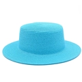 Dettaglio del cappello di paglia blu lago con cupola piatta e trama intrecciata - Taglia unica / Blu lago