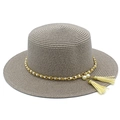 Elegante cappello boater grigio con catena di perle dorate e nappe alla moda - Grigio
