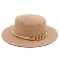 Detail of fine straw weaving with gold metal chain and rope band on sun hat - Light Pink