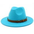 Detail view of turquoise wool fedora hat with brown suede belt and gold buckle - One Size / Sky Blue
