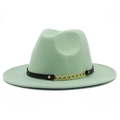 Close-up of mint green wool fedora hat featuring black leather band and gold metal chain - Mint Green