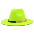 Detail of neon green fedora with black leather band and gold metal feather accessory - Neon Yellow