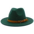 Detailed view of dark green wool fedora with brown suede belt and gold buckle - One Size / Dark Green
