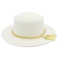 Detail of white straw hat featuring a gold pearl chain and elegant fringe tassels - White