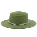 Close-up of green straw boater hat featuring fine woven texture and a bold silver chain band - Grass Green