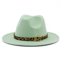 Detail of mint green wool fedora hat with leopard print belt and metal buckle - One Size / Mint Green