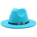 Detail of teal wool fedora hat featuring a black leather band and gold metal buckle - Sky Blue