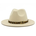 Detail view of beige wool felt fedora featuring a leopard print belt and golden buckle - One Size / Beige